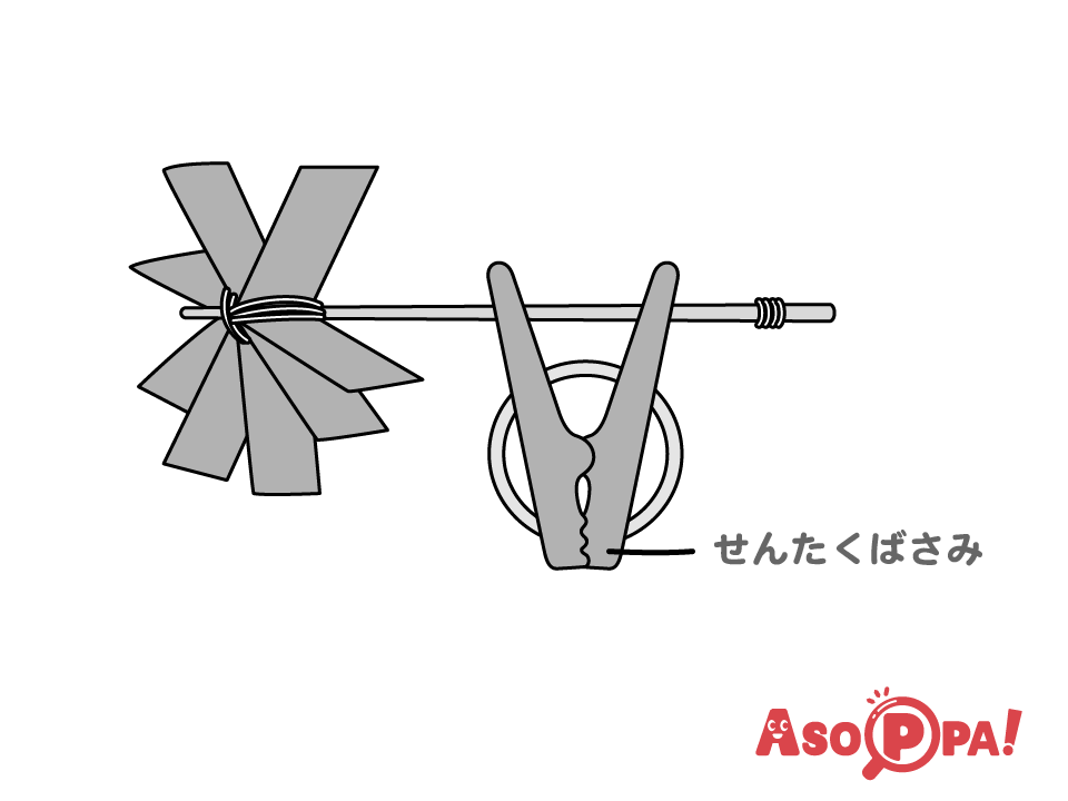 せんたくばさみの穴に竹串を通す。竹串の先に輪ゴムを巻いて抜けどめを作っておく。