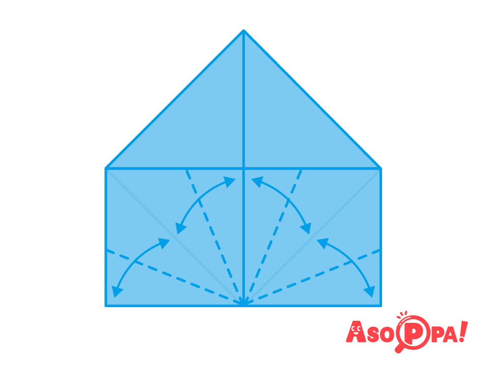 左右それぞれ、内側の線に向かって点線で折り目を付けて開く。