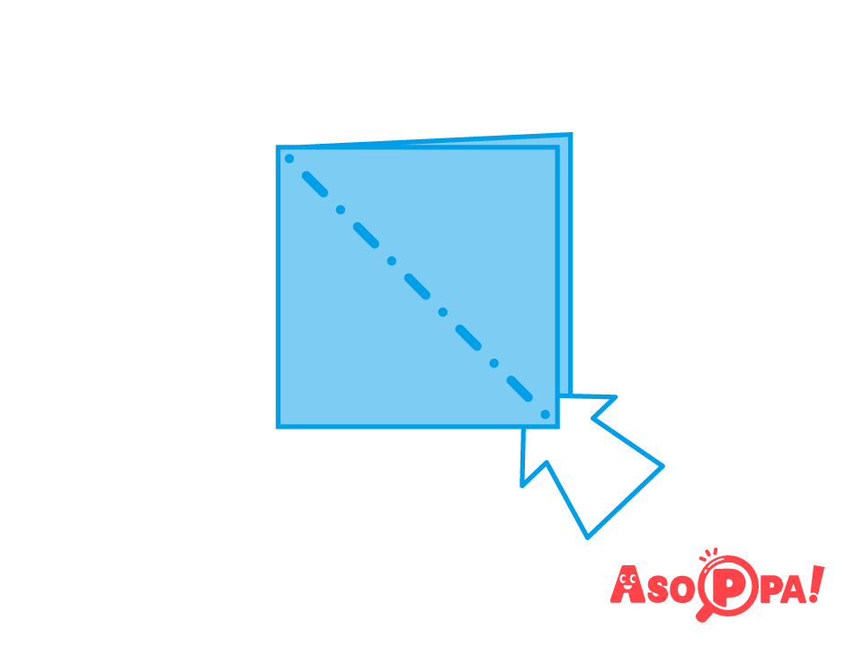 点線で折り目を付け、矢印の位置から開いてつぶす。