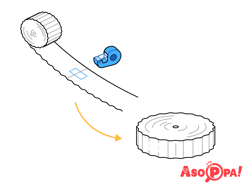 片面ダンボールを2ｃｍ幅に切り端から巻いていく。直径5～6ｃｍになるまで片面ダンボールを継ぎ足しながら巻き、円盤状にする。