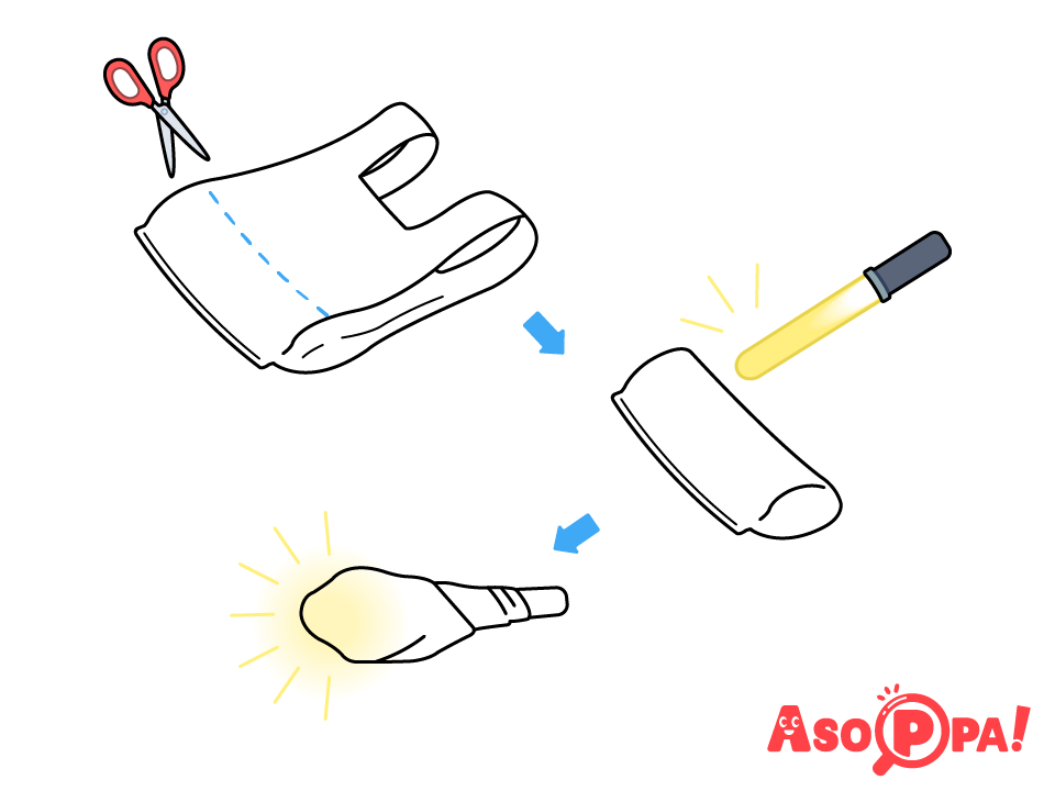 半透明のポリ袋の底部分をはさみで切る。ペンライトをふんわり包み、テープで留める。こうすることで、明かりが全体に広がり、ライトがスイカの汁で濡れるのを防ぐことができる。