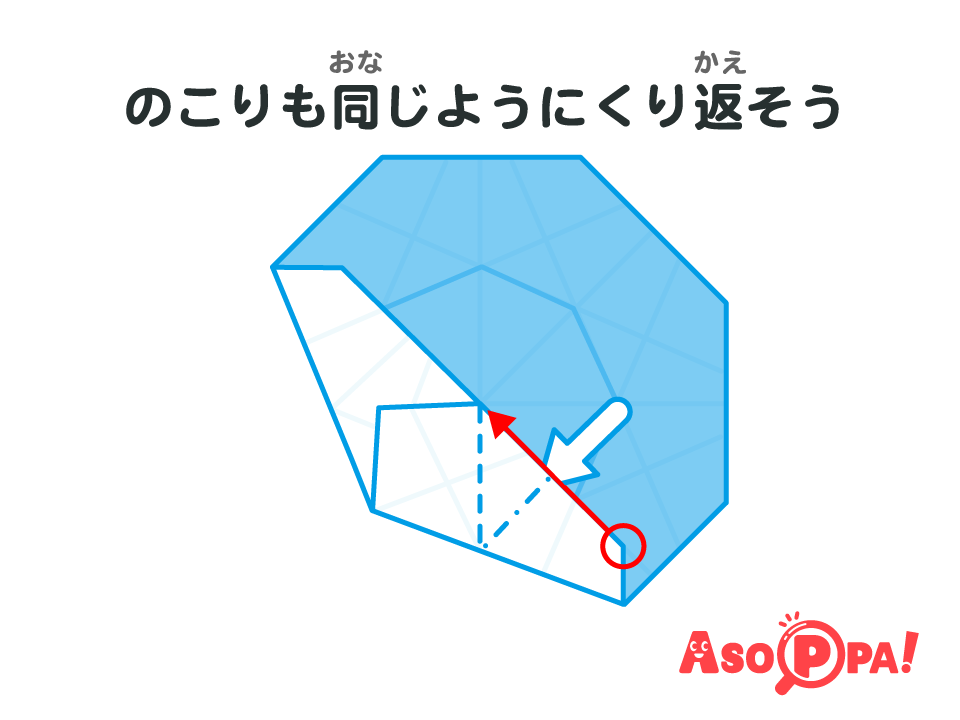 残りの角も同様に、矢印の位置から開いてつぶすように、赤い〇（隣の角）を中央に合わせて折る。