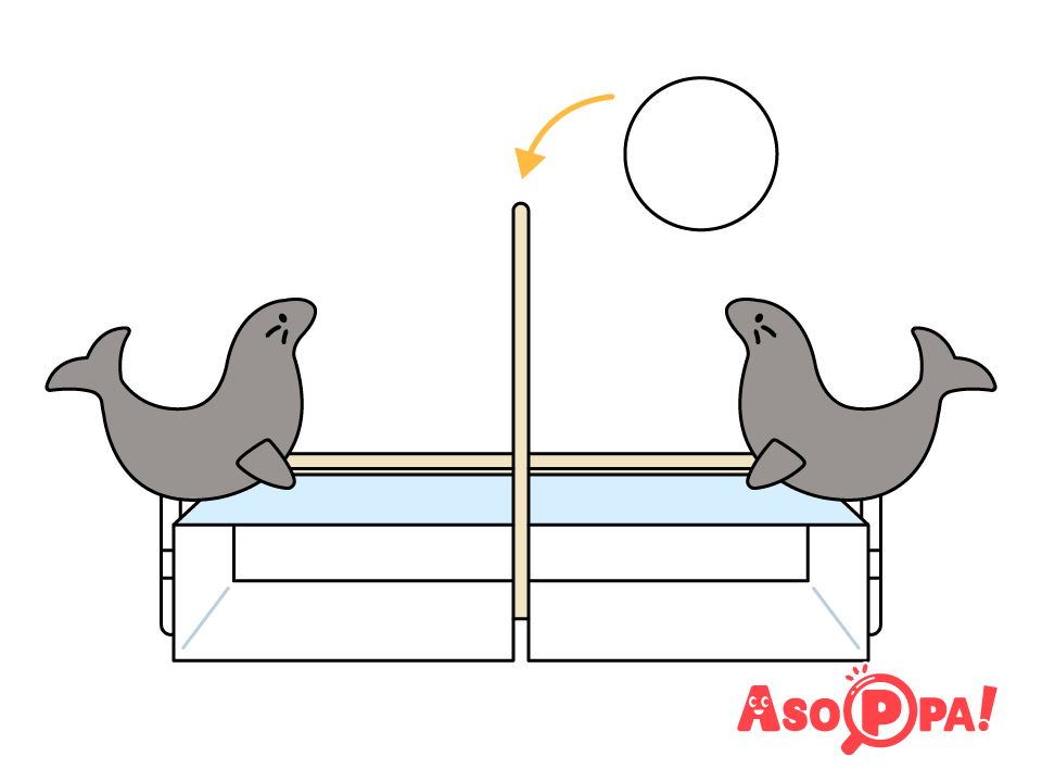 発泡スチロール玉を竹ひごの先に付け、傾けたときに玉がオットセイの鼻先に来る位置で固定したら出来上がり。