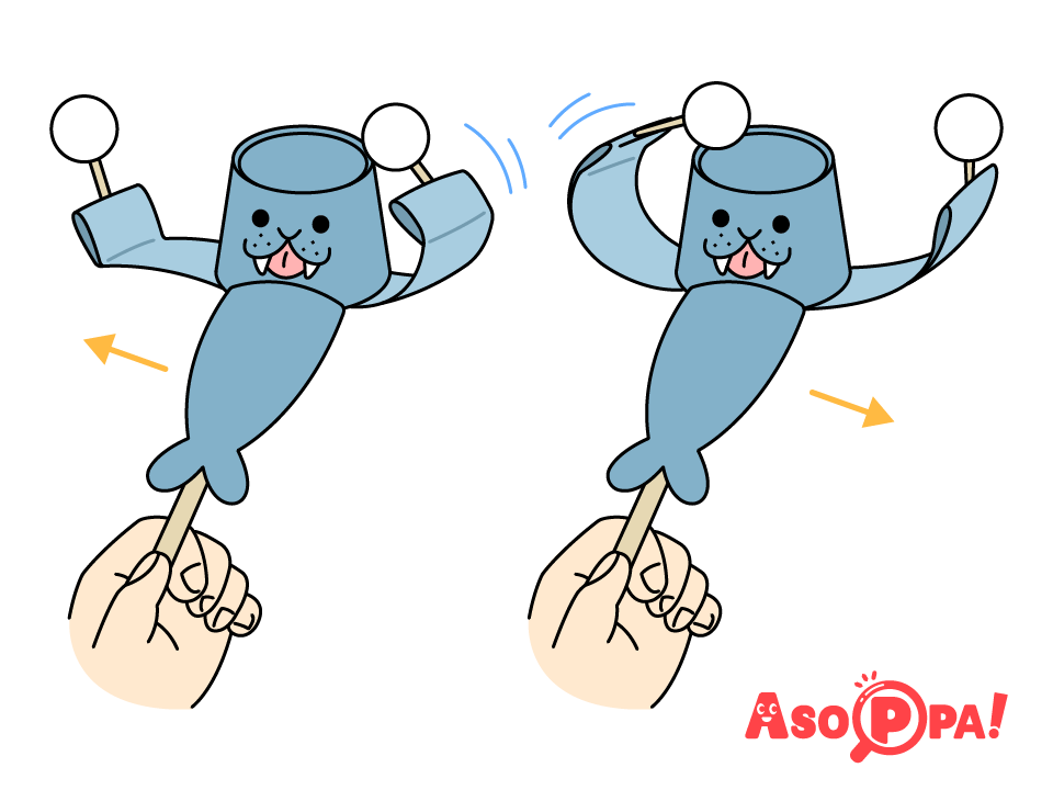 割り箸を持って左右に動かすと、交互に手を上げてポコポコ頭をたたくように動く。