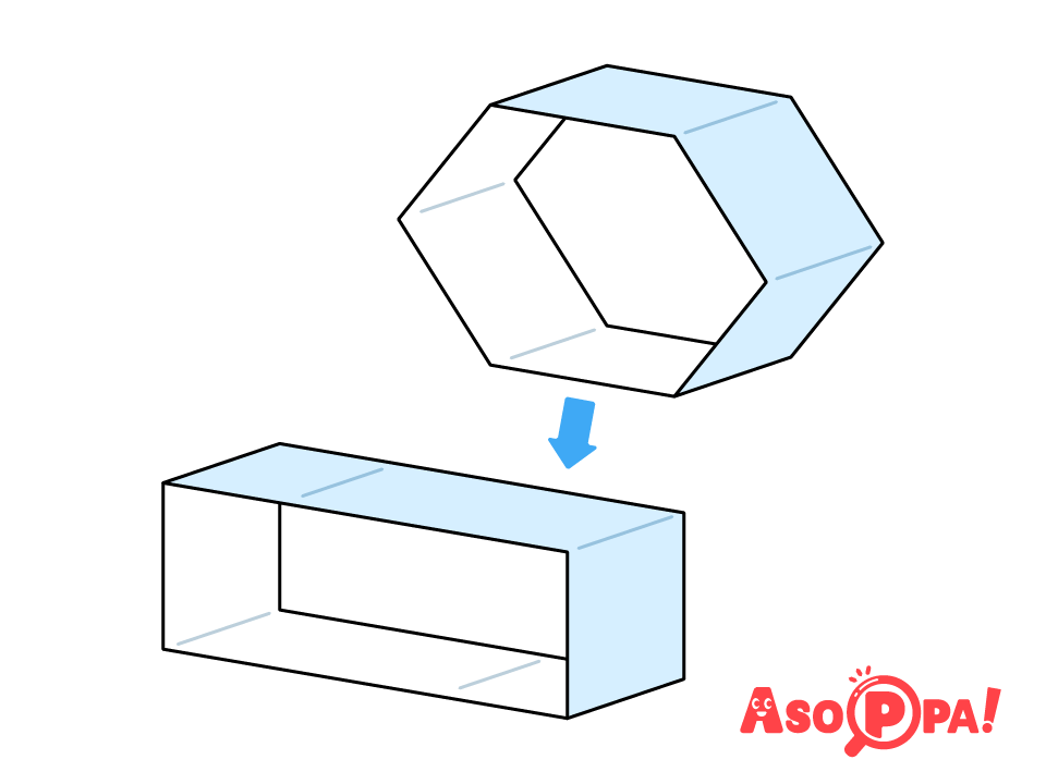 牛乳パックを同じ幅で2つ輪切りにする。上から少し押して、さらに横に倒して長方形の形に整える。