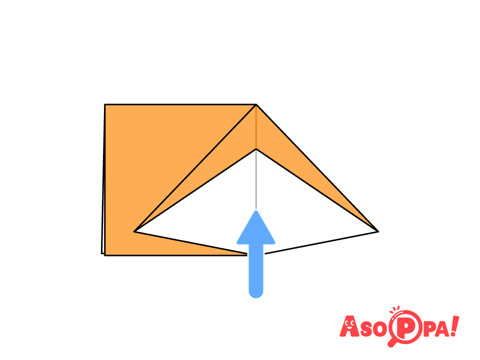 図のように矢印の位置から開いて、三角につぶす。