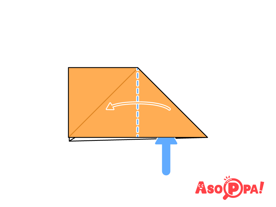 同様に点線で折り目を付けて戻し、矢印の位置から開いて三角につぶす。