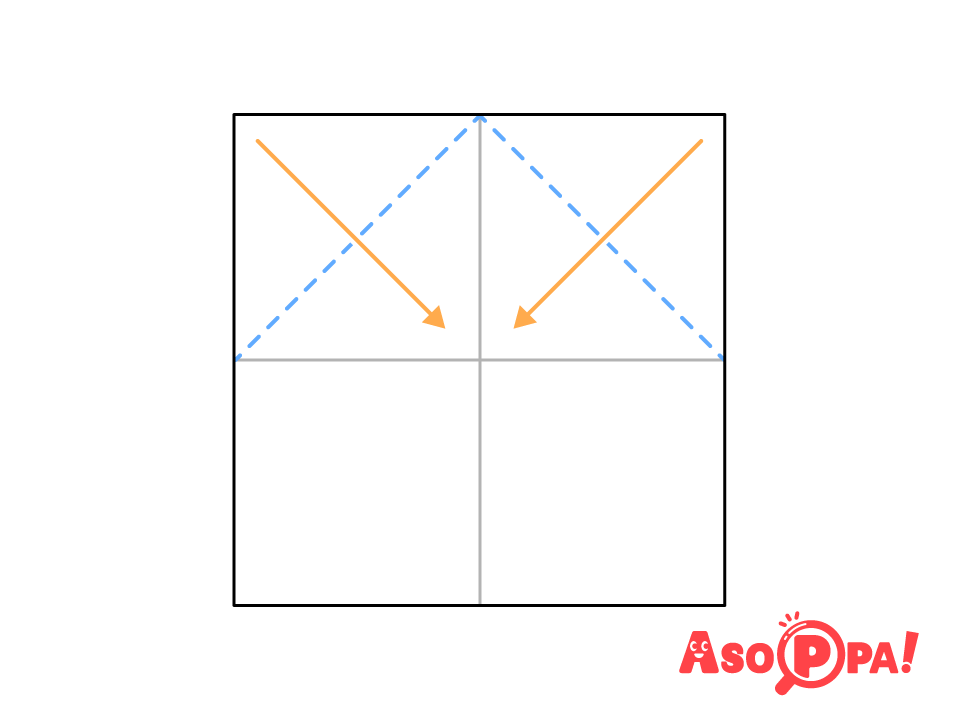 上の左右の角を中心に合わせるように点線で折る。