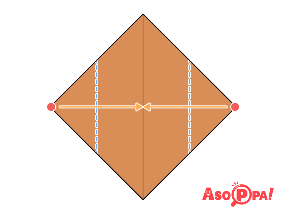左右の角（●）を中心に合わせるように、点線で谷折りする。