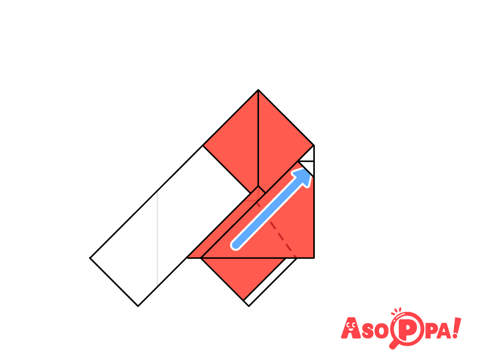 点線で谷折り氏、角の小さな三角部分に差し込む。
※角度は前から袖の出具合を見て調節してください。