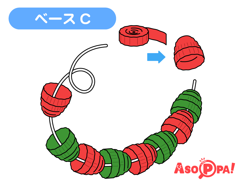 【ベースC】
2ｃｍ幅のカラー片面ダンボールを巻き、真ん中から指で押して変形させる。
中心にたこ糸を通して繋げる。