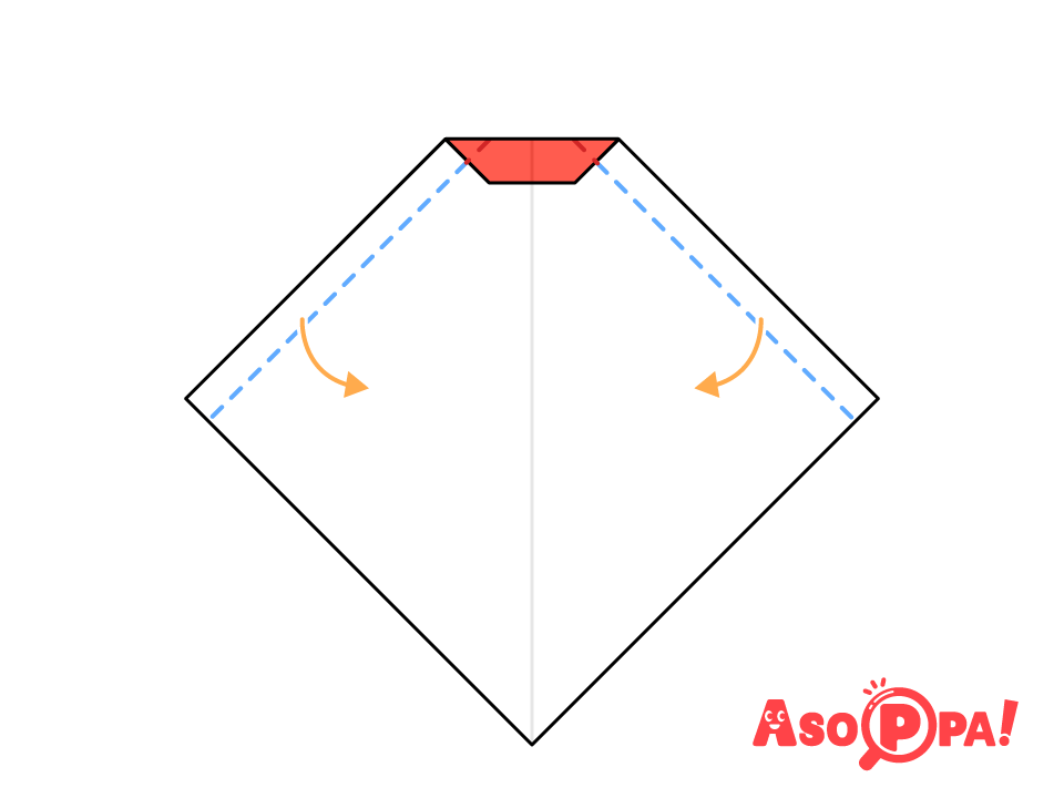 上の赤い部分の角がそろうように、点線で谷折りする。