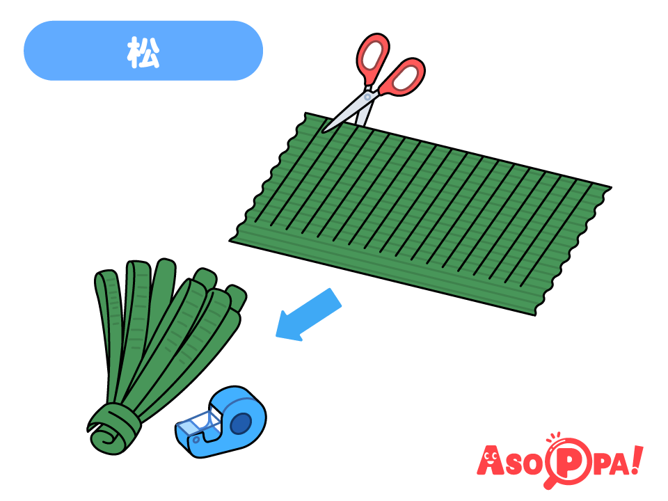【松】
緑の片面ダンボールを線に沿って2つに折り、細長く切込みを入れてセロハンテープで束ねる。