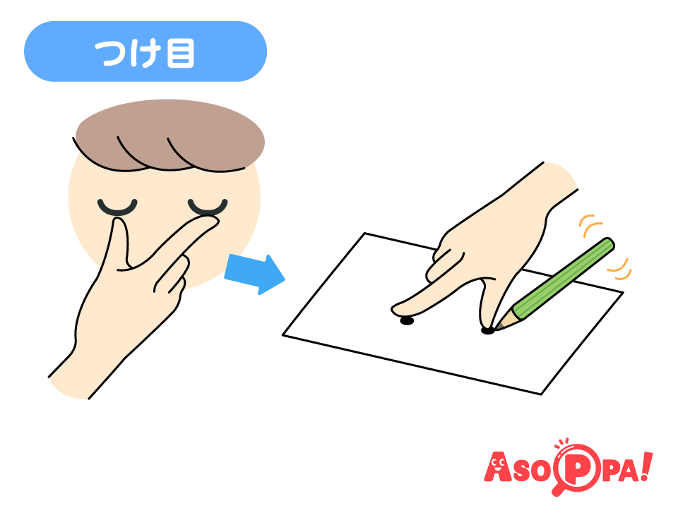 指で両目の間隔をはかり、ボール紙に同じ間隔の印をつける。