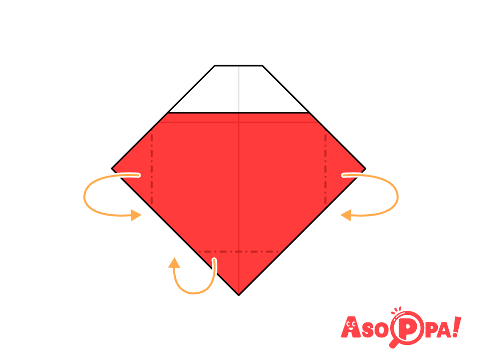 3箇所とも、角を点線で後ろに山折りする。