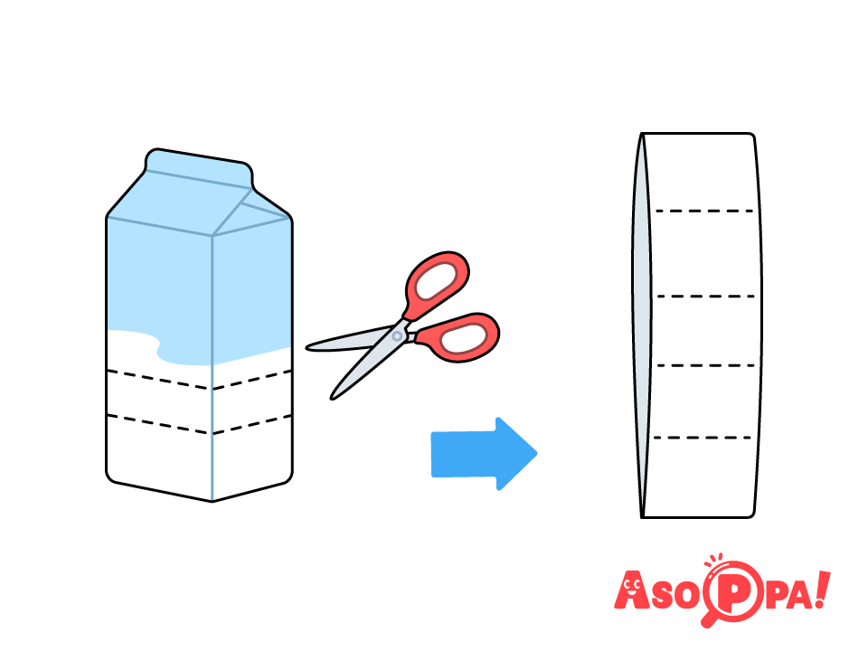 牛乳パックを輪切りにし、図のように4本折り目を入れる。