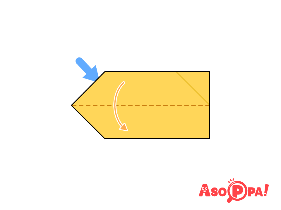 点線で谷折りになるよう、矢印の位置から開いてつぶす。