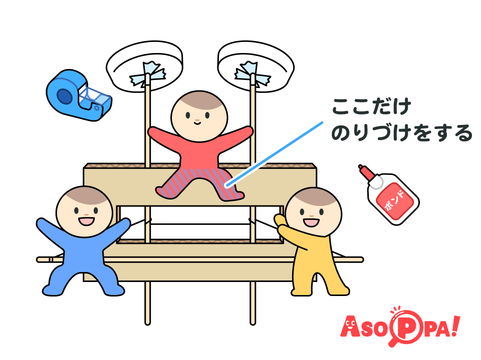 お皿を少し斜めになるように、竹ひごの先にセロハンテープで付ける。
画用紙で人形を作り、ダンボールの真ん中と竹ひごの左右にそれぞれ貼る。