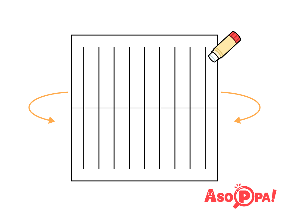紙を広げて端の1列にのりを付け、くるっと筒状に丸めて貼り合わせる。