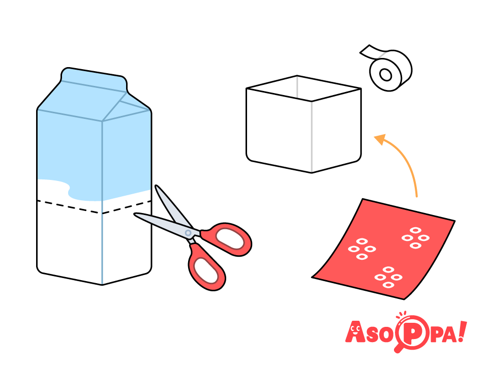 牛乳パックを適当な大きさに切り、周りに両面テープで和柄折り紙を貼る。
（柄のない折り紙でもよい）
