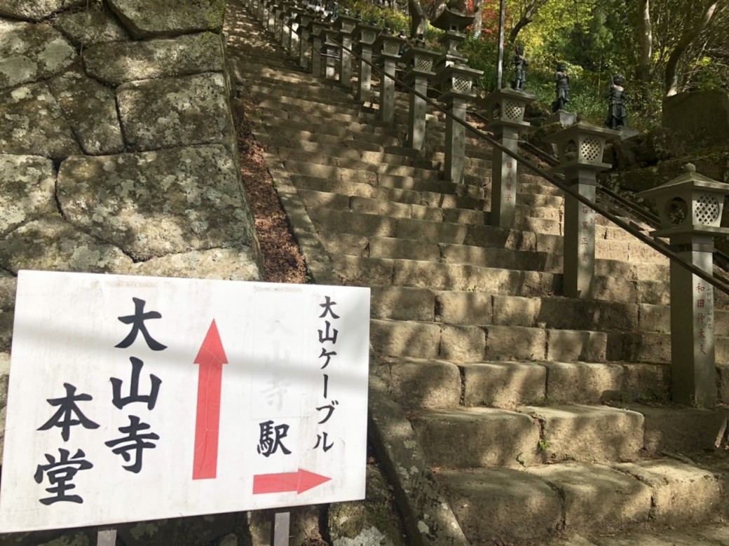 8:15 新緑が楽しい女坂を登ってしばらくすると、唖然とする階段が出現する。
看板にうっすら「大山寺」駅と書いてある。なんで薄くしてるんだろ。。。