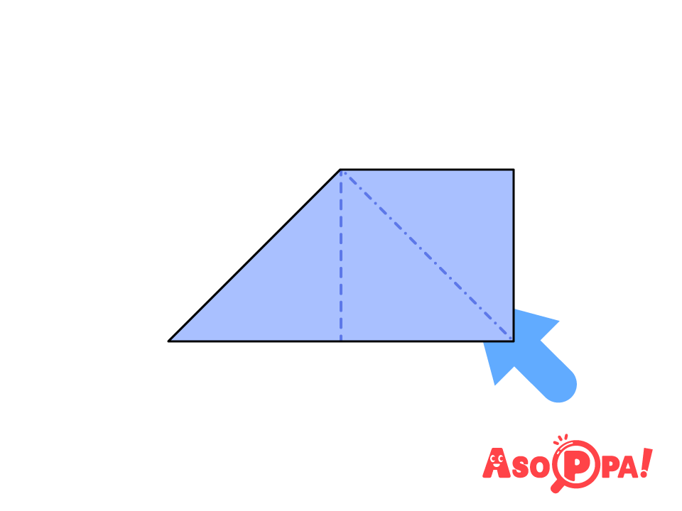 同様に点線で折り目を付け、矢印の位置から開いてつぶすように折る。