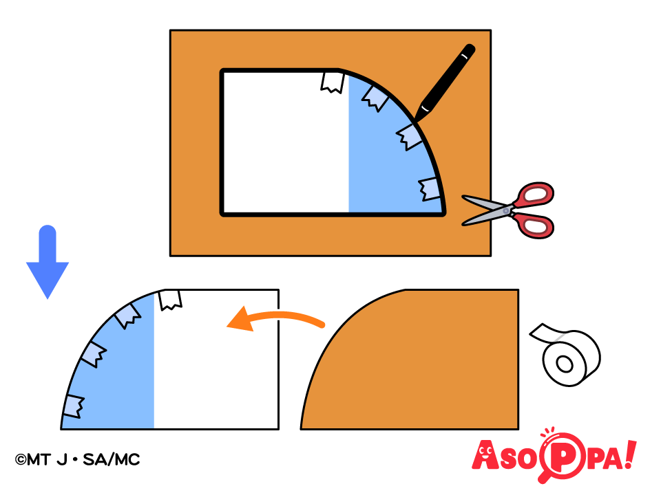 オレンジの画用紙の上にこのように置き、側面を縁取りしてはさみで切る。
両面テープで貼り、反対の側面も同様に切って貼る。