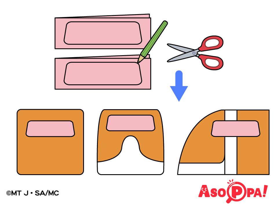 ピンクの画用紙を半分に折って窓の形を描き、はさみで切る。（2つ作り、窓が4つできる）
前、横、後ろにそれぞれ貼る。