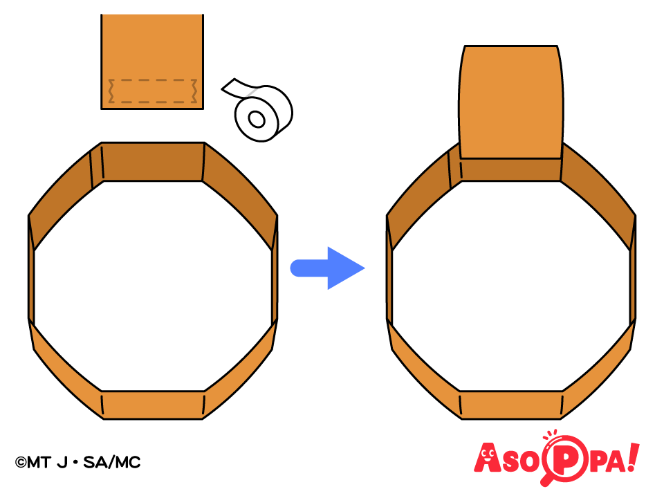 帯の端に両面テープを付け、輪の内側からこのように貼る。