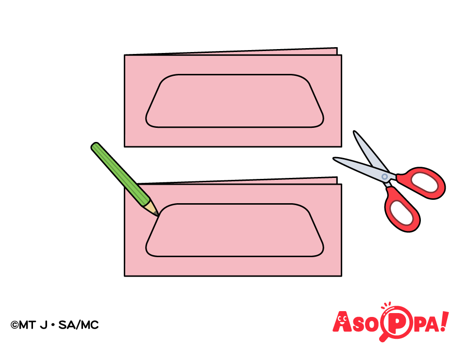 ピンクの画用紙を半分に折って窓の形を描き、はさみで切る。（2つ作り、窓が4つできる）