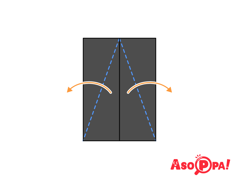 外側に開くように、点線で三角に谷折りする。