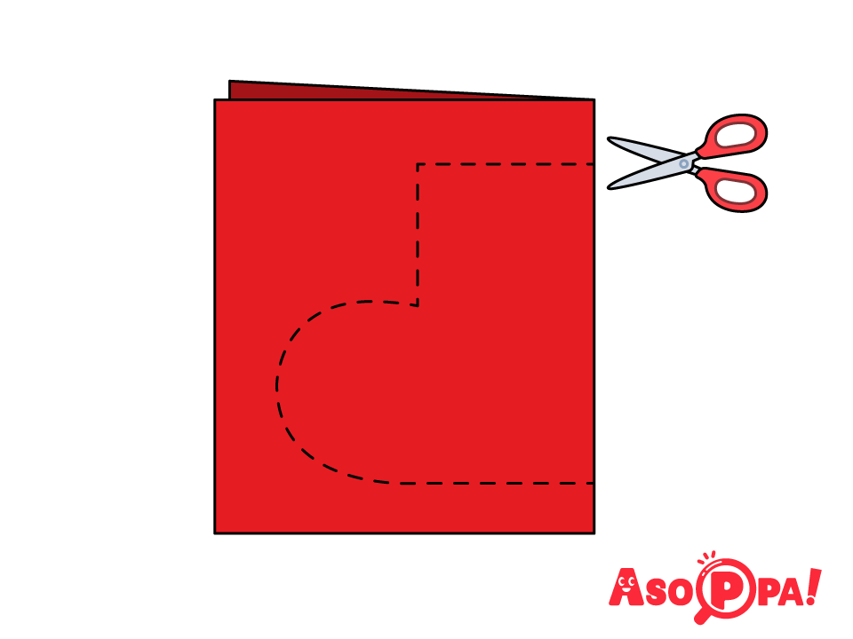 赤の色画用紙を半分に折り、輪になっている方に合わせてブーツの形を描いてはさみで切る。