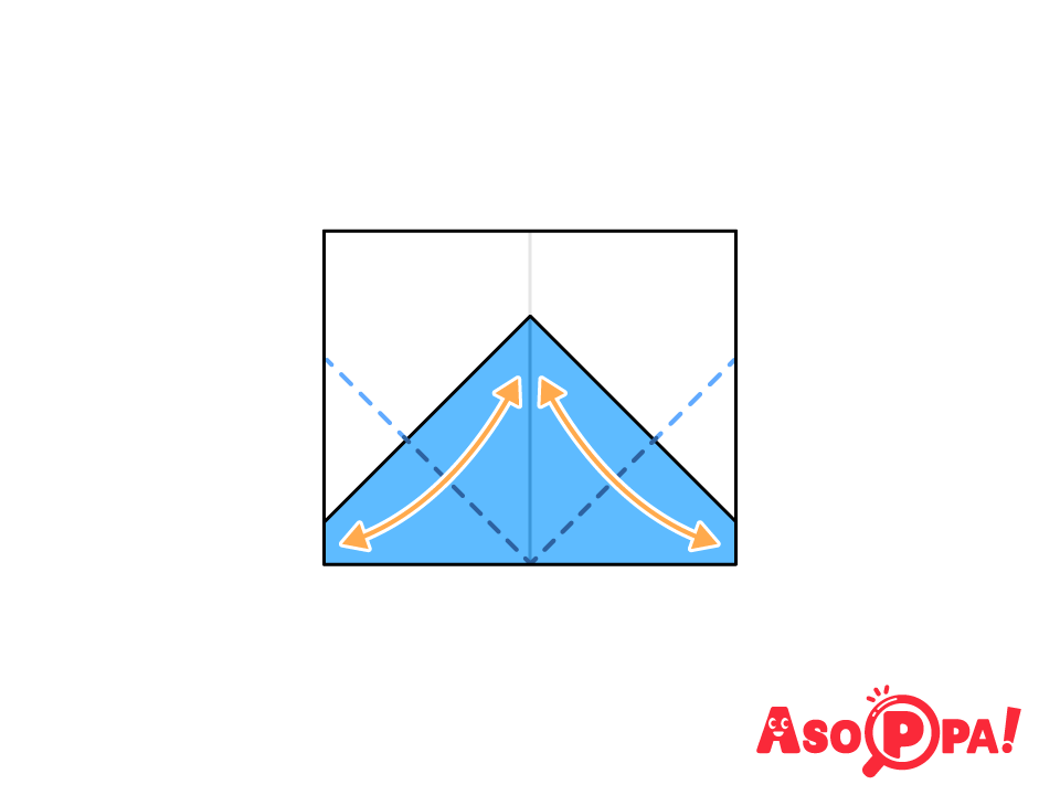 中心線に向かって、点線で三角に折り目を付けて開く。