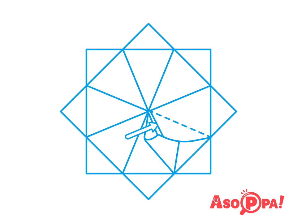 最後の角を中央に合わせて折るときは、工程②ではじめに折ったところ（矢印の位置）を上にめくって引き出す。