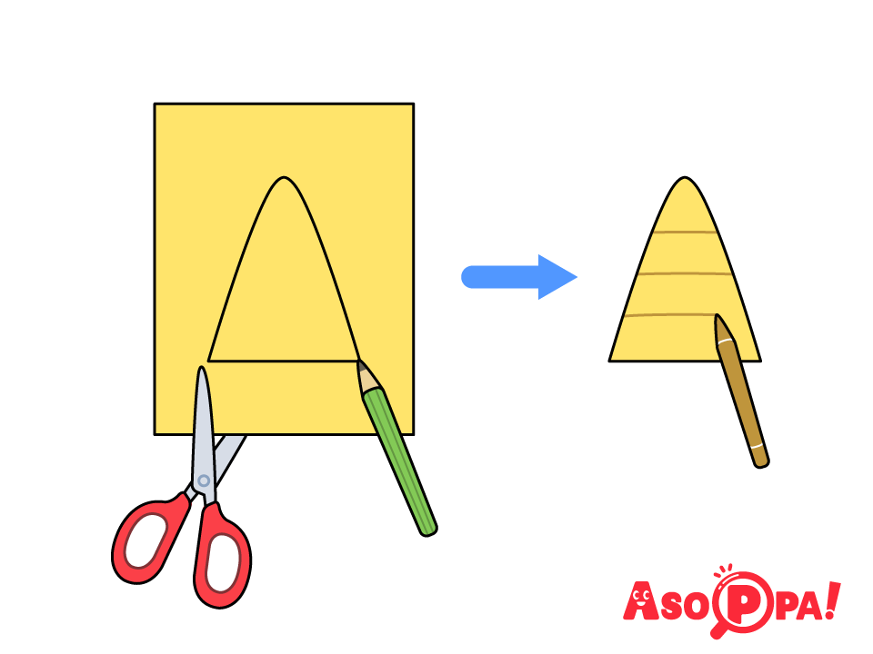 黄色の画用紙にツノを描いてはさみで切り、模様（線）を描く。
※ツノを2本にしたい場合は、半分に折った画用紙に描いて切るとよい