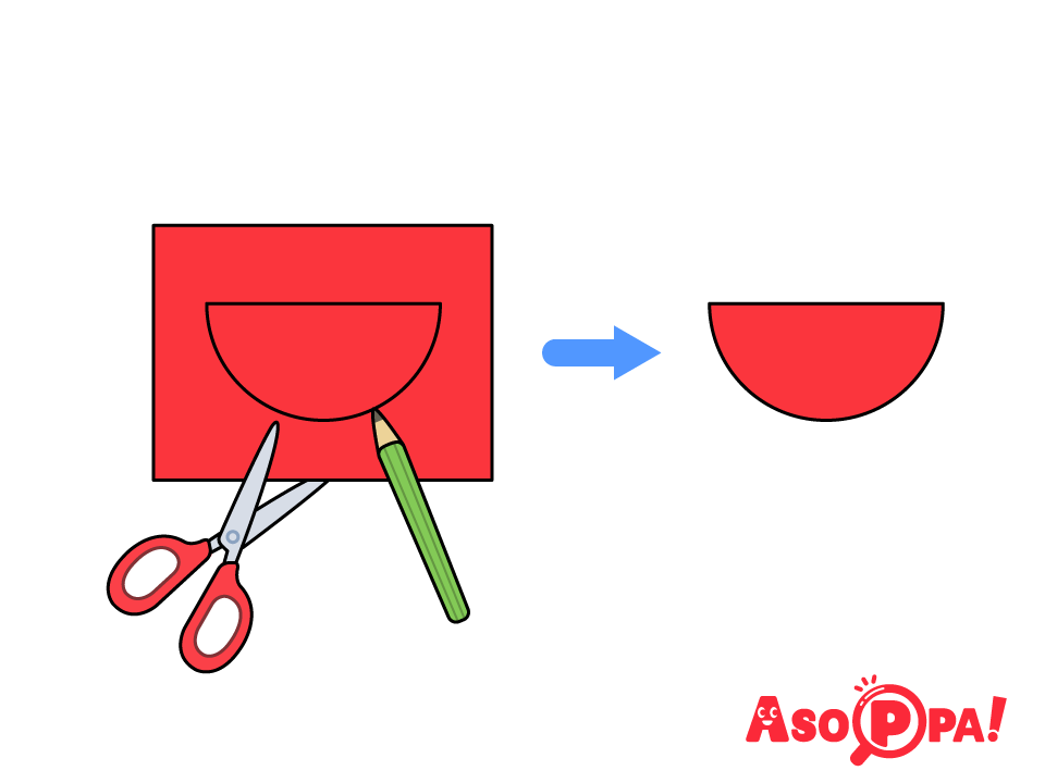 赤色の画用紙に口を描き、はさみで切る。
