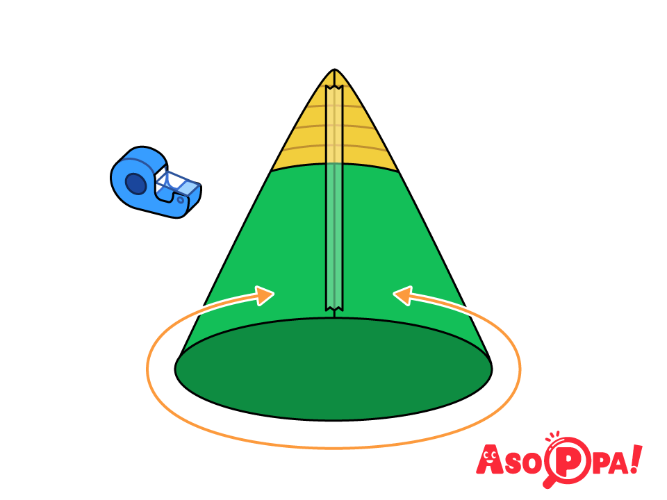 円の中心が頂点になるよう、三角帽子の形に丸め、セロハンテープで留める。