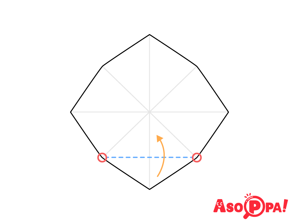 赤○に合わせて、点線で谷折りする。