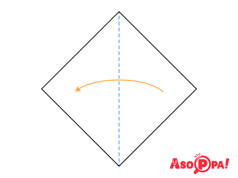 右から左へ、三角に半分に折る。