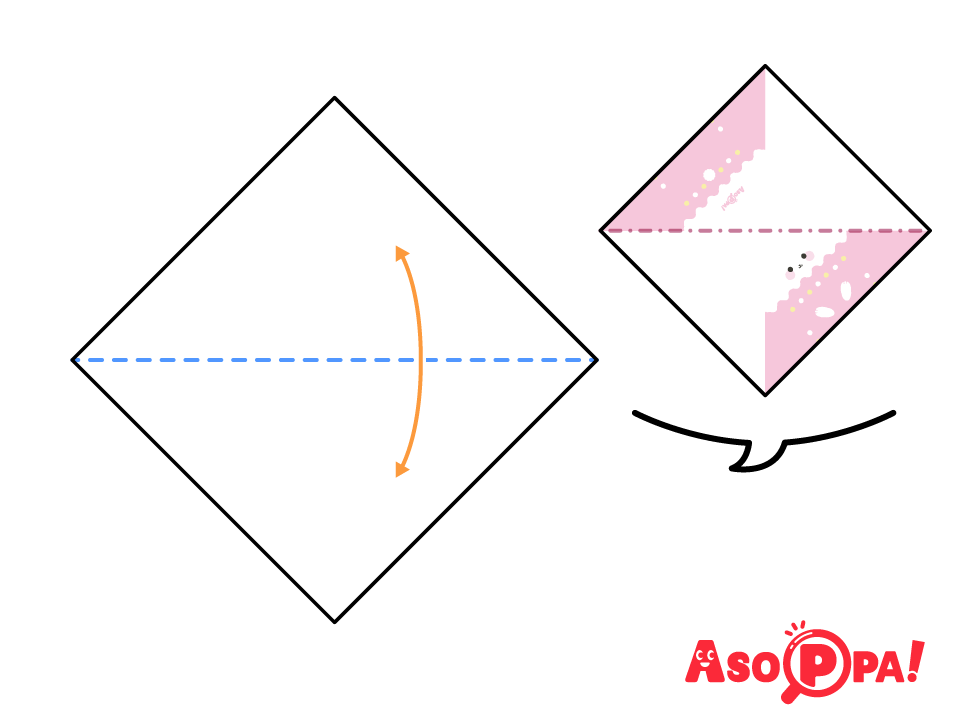 三角に半分に折り、折り目を付ける。