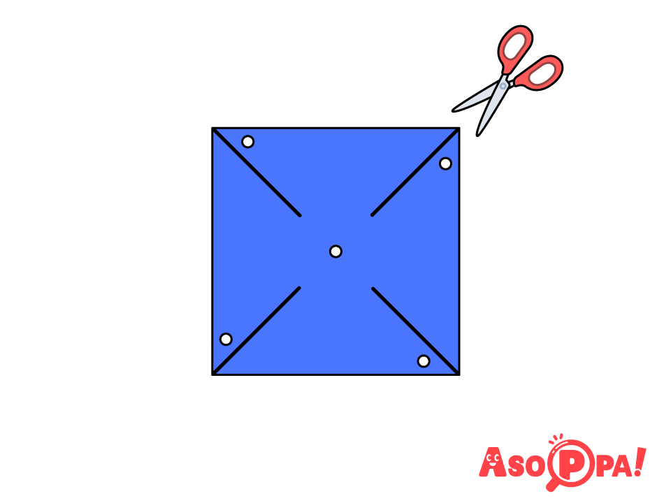 ４つの角から切り込みを入れて、図のように穴を開けます。
